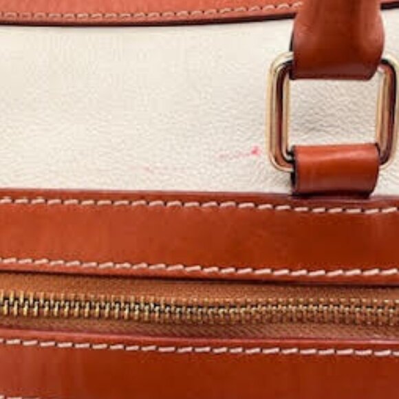 Dooney & Bourke Vintage  Pebbled Leather Satchel Tote | White Tan Trim Large Bag - Picture 13 of 14